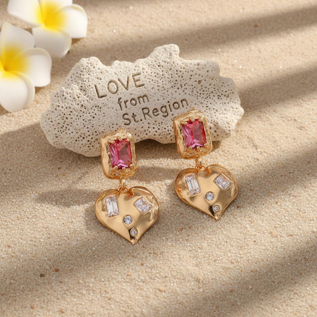 Pink Crystal and Cubic Zirconia Goldtone Heart Dangle Earrings, gold drop earrings for women, lifestyle look