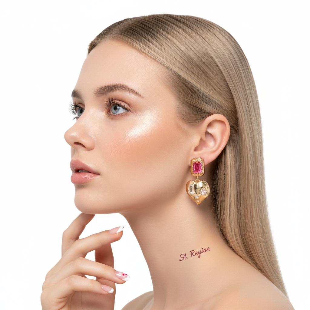 Pink Crystal and Cubic Zirconia Goldtone Heart Dangle Earrings, gold drop earrings for women, botanical inspired, styled look