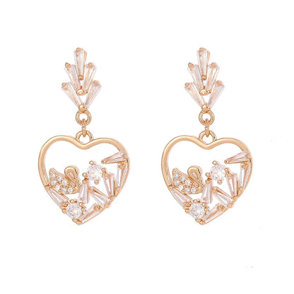 Cubic Zirconia & Goldtone Swan Heart Dangle Earrings
