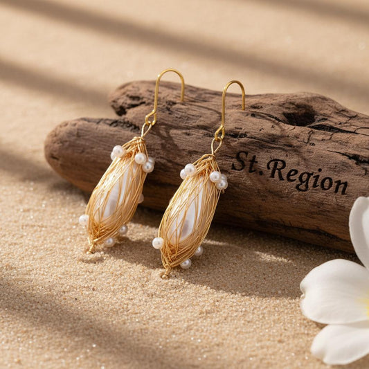 Pearl and Goldtone Nest Hook Earrings, gold drop earrings for women, elegant gift for her, front view