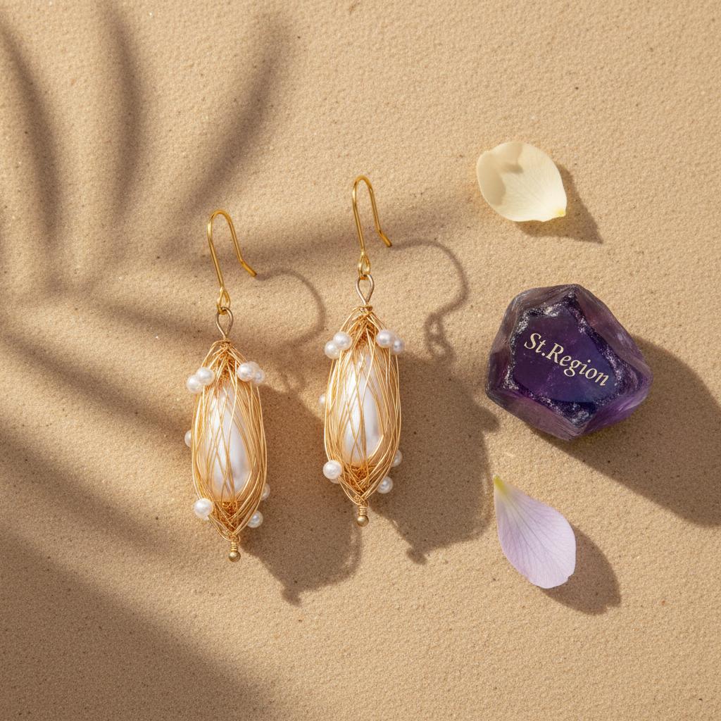 Pearl and Goldtone Nest Hook Earrings, gold drop earrings for women, elegant gift for her, detail close-up