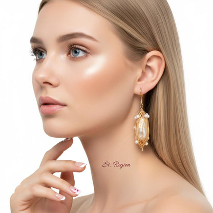 Pearl and Goldtone Nest Hook Earrings, gold drop earrings for women, elegant gift for her, styled look