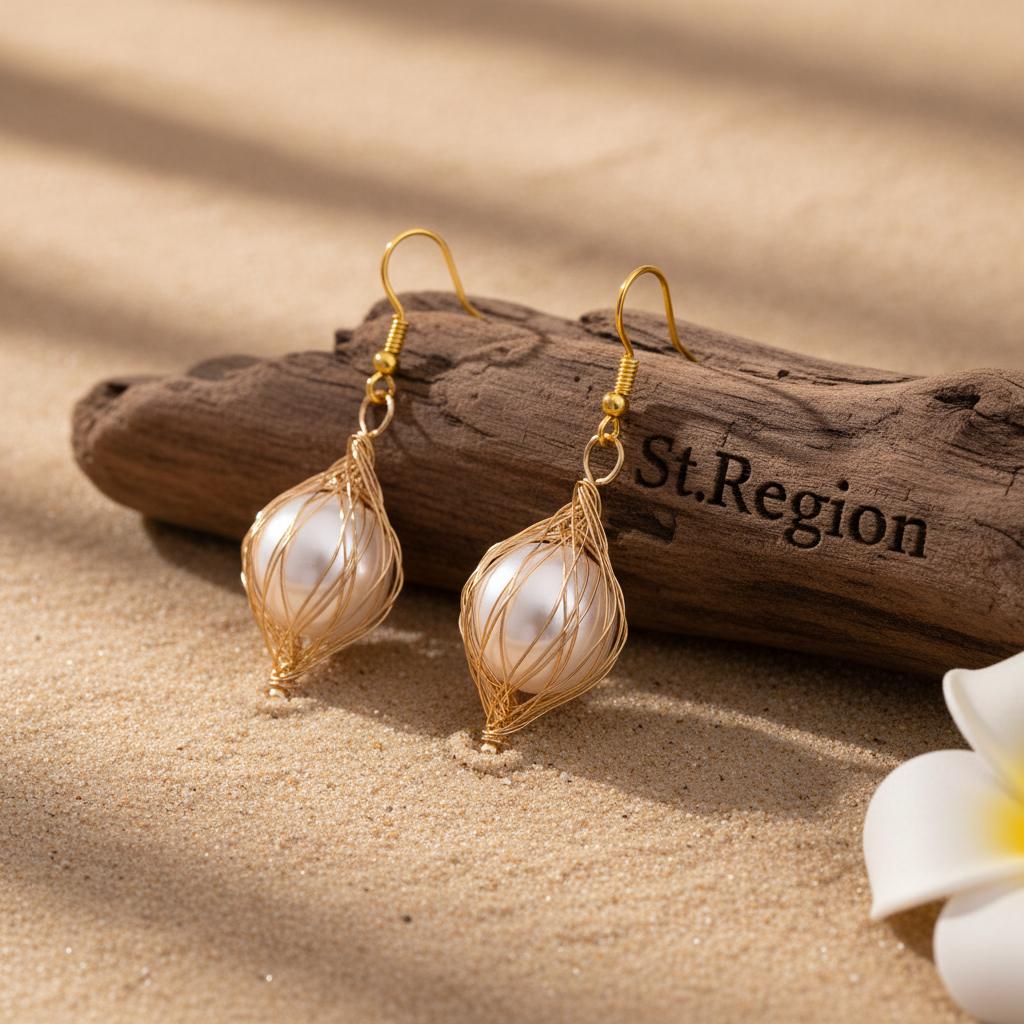 Pearl and Goldtone Artisanal Wire-Mesh Caged Hook Earrings, gold drop earrings for women, botanical inspired, front view