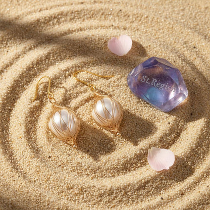 Pearl and Goldtone Artisanal Wire-Mesh Caged Hook Earrings, gold drop earrings for women, botanical inspired, detail close-up