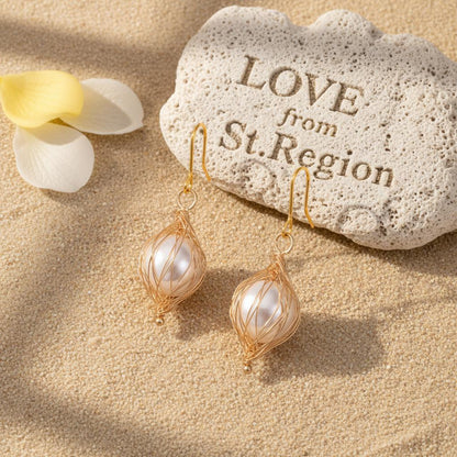 Pearl and Goldtone Artisanal Wire-Mesh Caged Hook Earrings, gold drop earrings for women, botanical inspired, lifestyle look