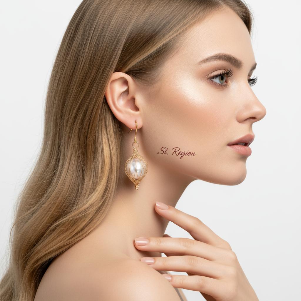 Pearl and Goldtone Artisanal Wire-Mesh Caged Hook Earrings, gold drop earrings for women, botanical inspired, styled look