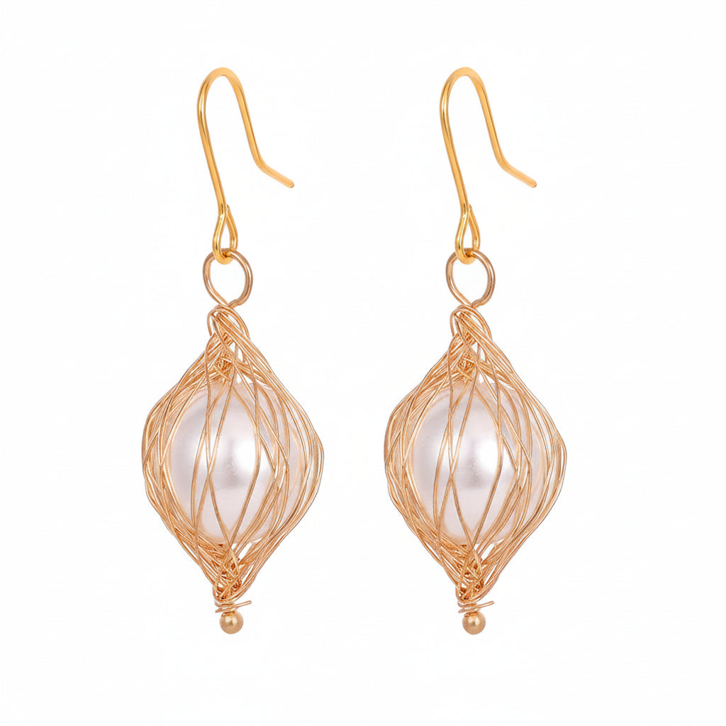 Pearl & Goldtone Artisanal Wire-Mesh Caged Hook Earrings - Street Region