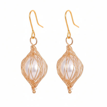Pearl & Goldtone Artisanal Wire-Mesh Caged Hook Earrings - Street Region