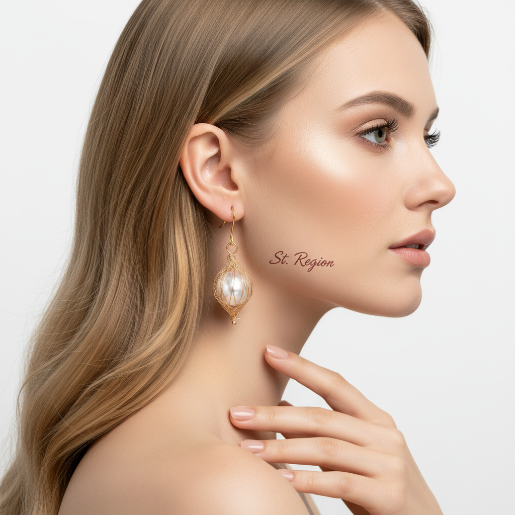 Pearl & Goldtone Artisanal Wire-Mesh Caged Hook Earrings - Street Region