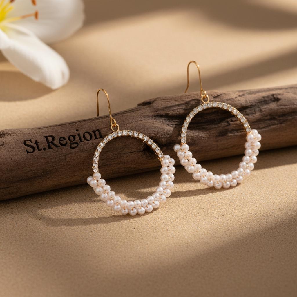 Pearl and Cubic Zirconia Goldtone Beaded Hoop Hook Earrings, gold drop earrings for women, front view