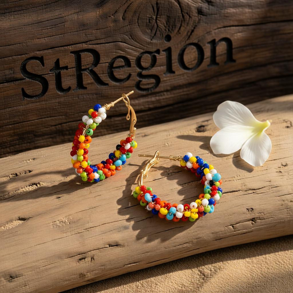 Multi-Colored Howlite and Goldtone Beads Hoop Earrings, gold hoop earrings for women, dainty minimalist design, front view