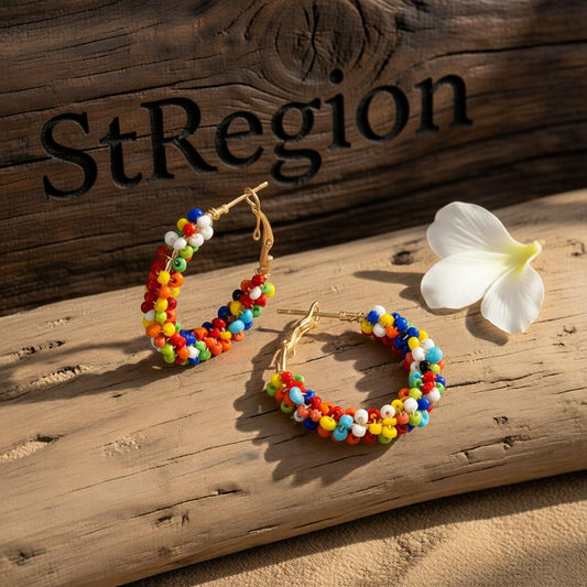 Multi-Colored Howlite and Goldtone Beads Hoop Earrings, gold hoop earrings for women, dainty minimalist design, front view