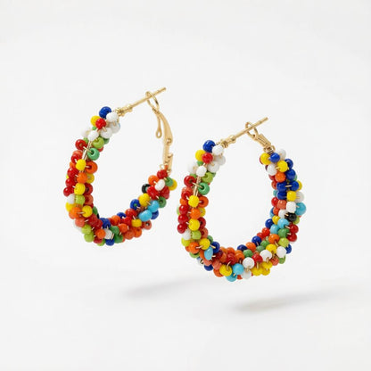 Multi-Colored Howlite and Goldtone Beads Hoop Earrings, gold hoop earrings for women, dainty minimalist design, side view