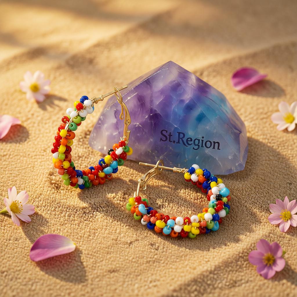 Multi-Colored Howlite and Goldtone Beads Hoop Earrings, gold hoop earrings for women, detail close-up