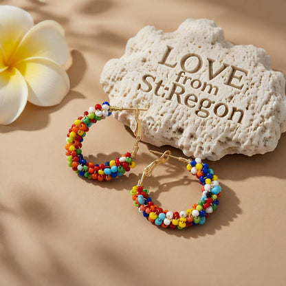 Multi-Colored Howlite and Goldtone Beads Hoop Earrings, gold hoop earrings for women, lifestyle look