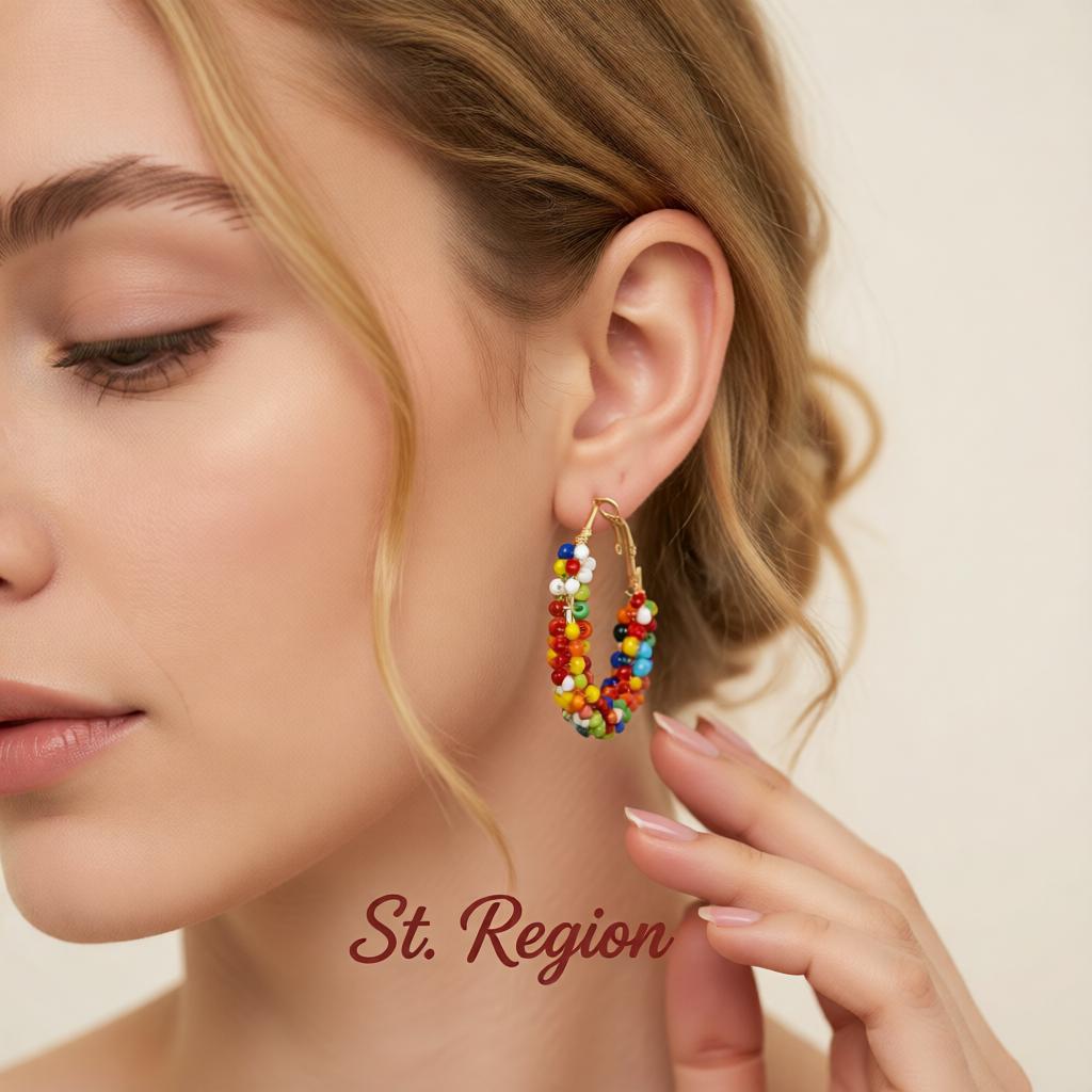 Multi-Colored Howlite and Goldtone Beads Hoop Earrings, gold hoop earrings for women, dainty minimalist design, styled look