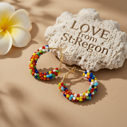 Multi-Colored Howlite & Goldtone Beads Hoop Earrings