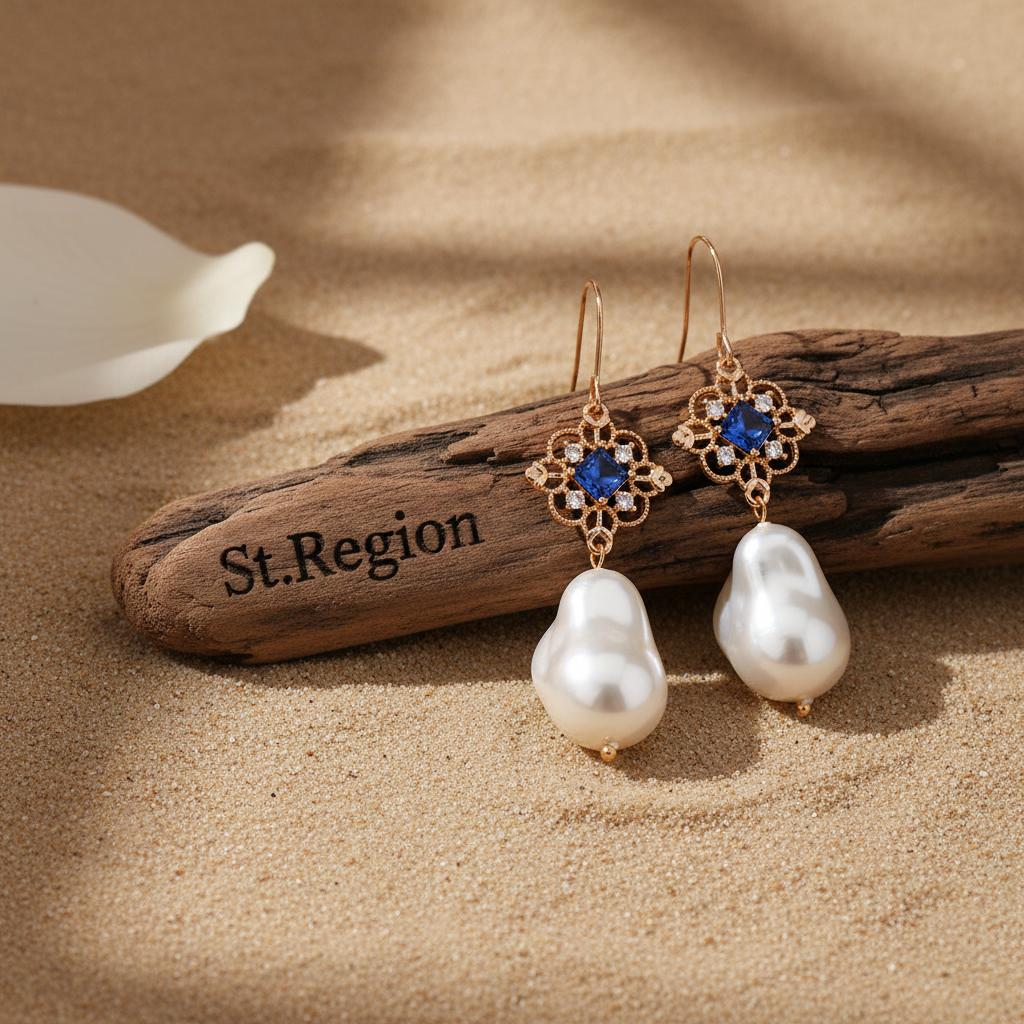 Royal Blue Crystal and Baroque Pearl Floral Rhombus Drop Earrings, drop earrings for women, front view