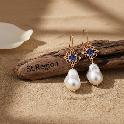 Royal Blue Crystal and Baroque Pearl Floral Rhombus Drop Earrings, drop earrings for women, front view