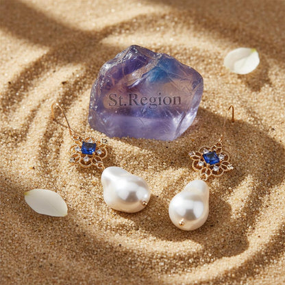 Royal Blue Crystal and Baroque Pearl Floral Rhombus Drop Earrings, drop earrings for women, detail close-up