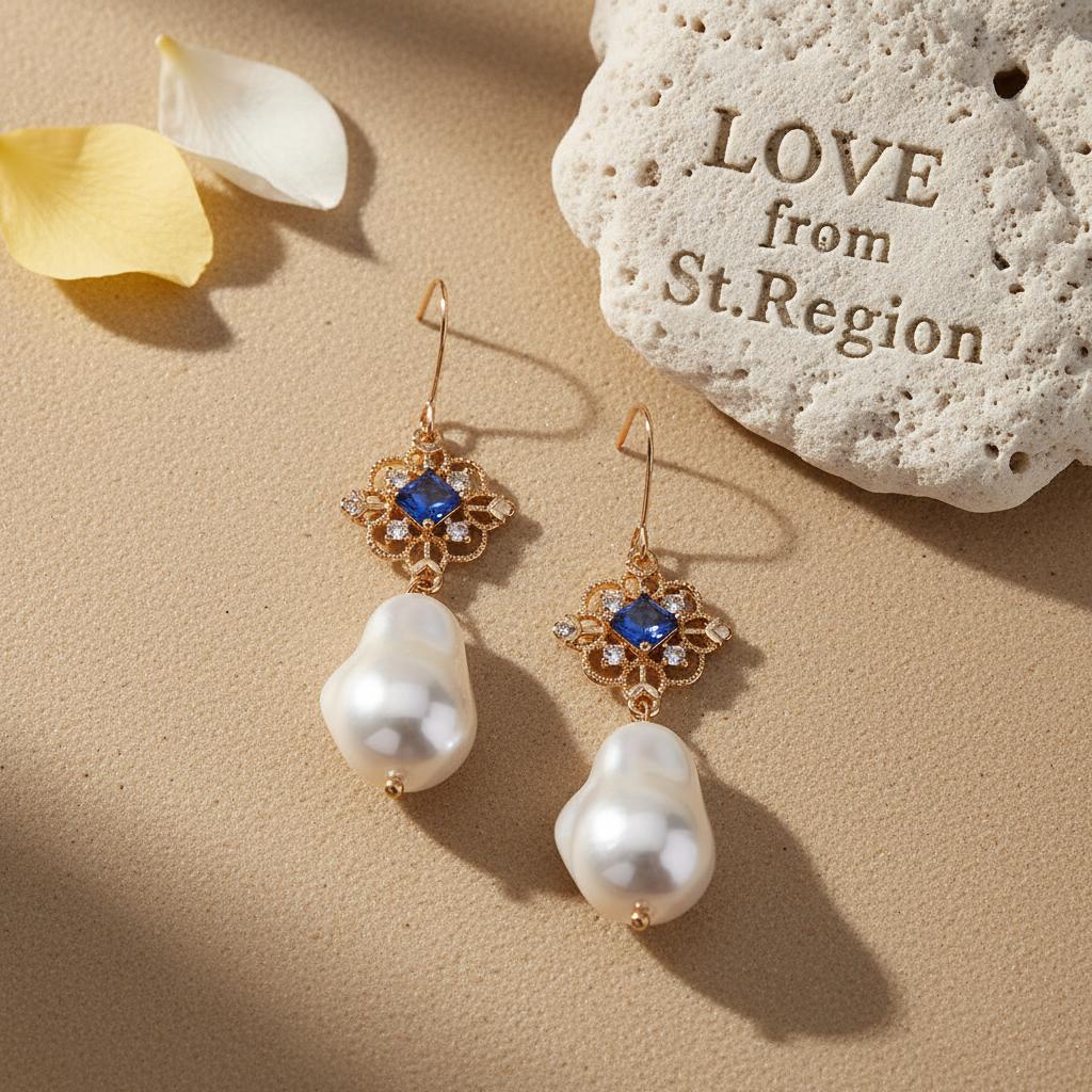 Royal Blue Crystal and Baroque Pearl Floral Rhombus Drop Earrings, drop earrings for women, lifestyle look
