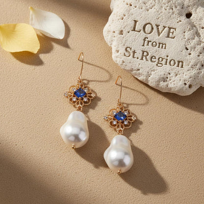 Royal Blue Crystal and Baroque Pearl Floral Rhombus Drop Earrings, drop earrings for women, lifestyle look