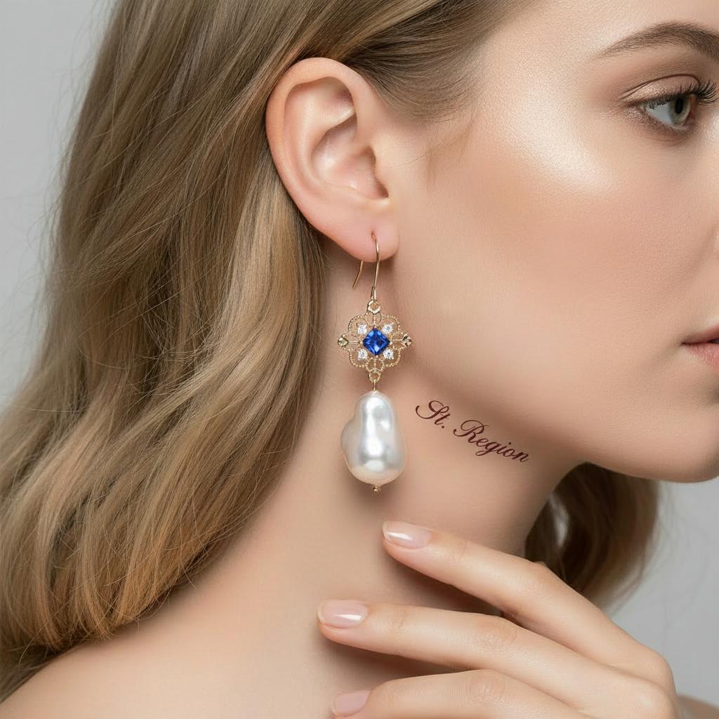 Royal Blue Crystal and Baroque Pearl Floral Rhombus Drop Earrings, drop earrings for women, styled look