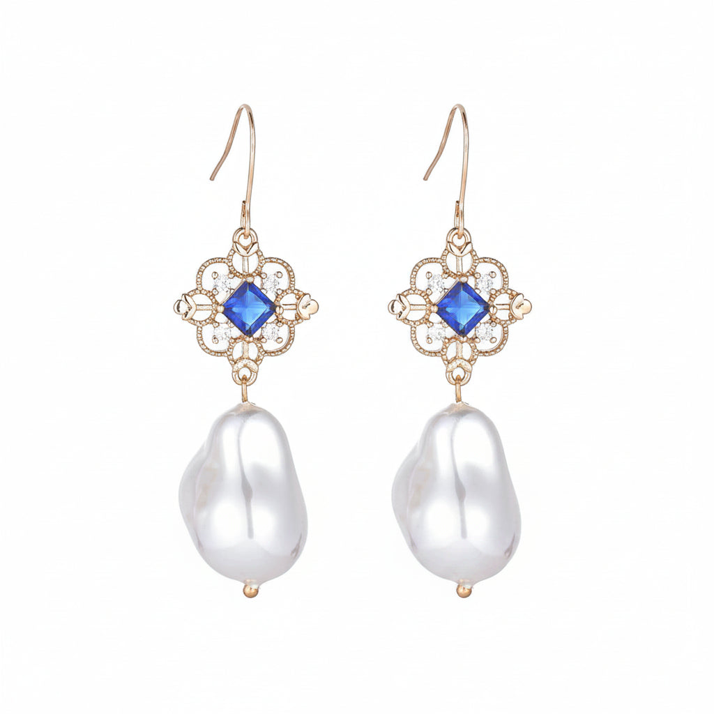 Royal Blue Crystal & Baroque Pearl Floral Rhombus Drop Earrings - Street Region