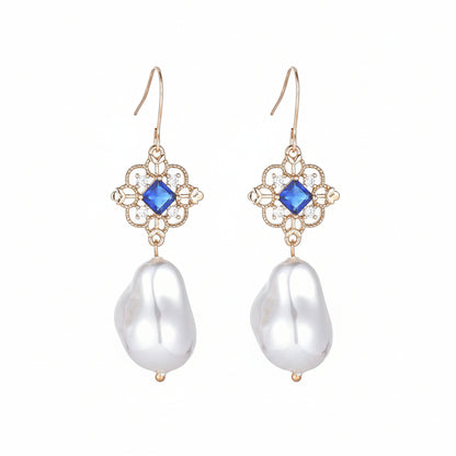 Royal Blue Crystal & Baroque Pearl Floral Rhombus Drop Earrings - Street Region