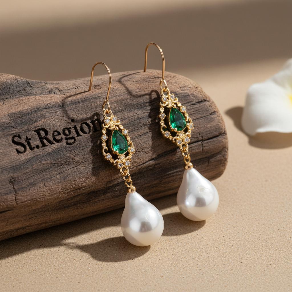 Emerald Crystal and Baroque Pearl Goldtone Teardrop Hook Earrings, gold drop earrings for women, front view