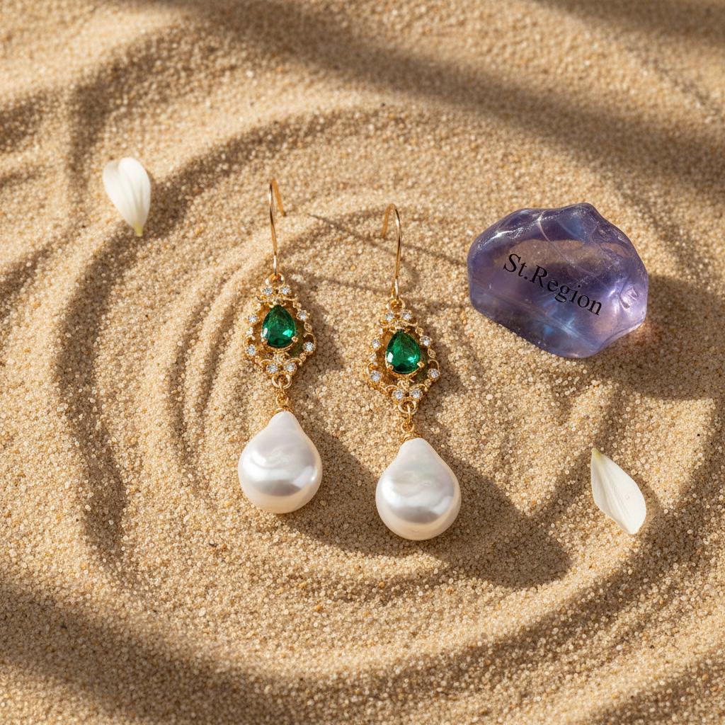 Emerald Crystal and Baroque Pearl Goldtone Teardrop Hook Earrings, gold drop earrings for women, detail close-up