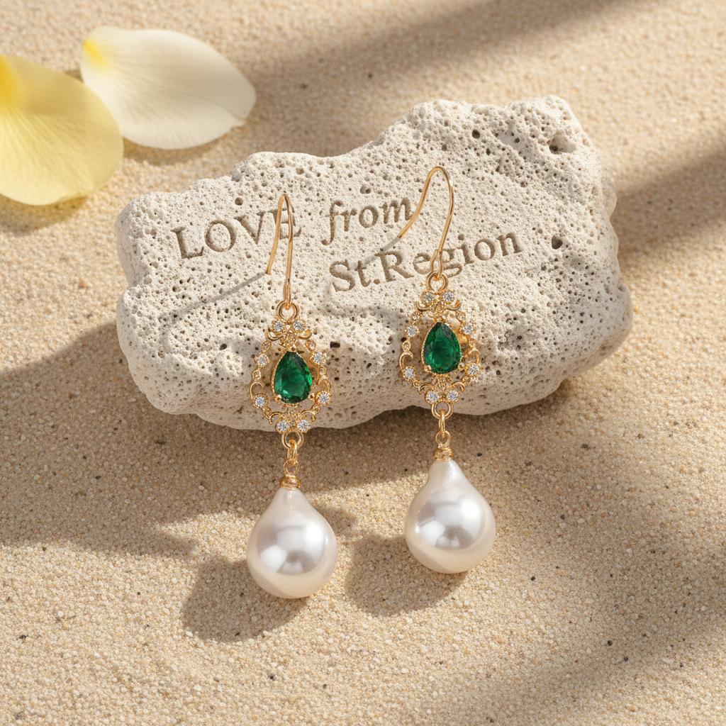 Emerald Crystal and Baroque Pearl Goldtone Teardrop Hook Earrings, gold drop earrings for women, lifestyle look