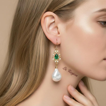 Emerald Crystal and Baroque Pearl Goldtone Teardrop Hook Earrings, gold drop earrings for women, styled look