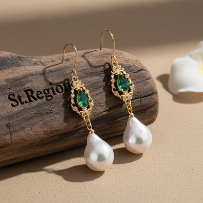 Emerald Crystal & Baroque Pearl Goldtone Teardrop Hook Earrings - Street Region