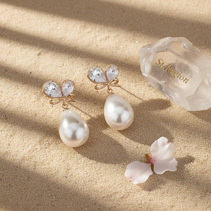 Pear Crystal and Pearl Goldtone Butterfly Drop Earrings, gold drop earrings for women, detail close-up