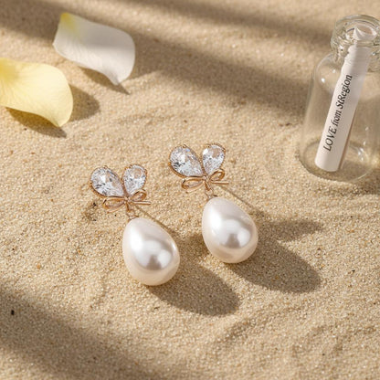 Pear Crystal and Pearl Goldtone Butterfly Drop Earrings, gold drop earrings for women, lifestyle look