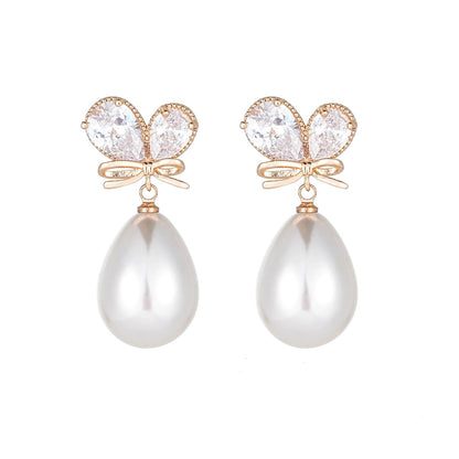Pear Crystal & Pearl Goldtone Butterfly Drop Earrings - Street Region