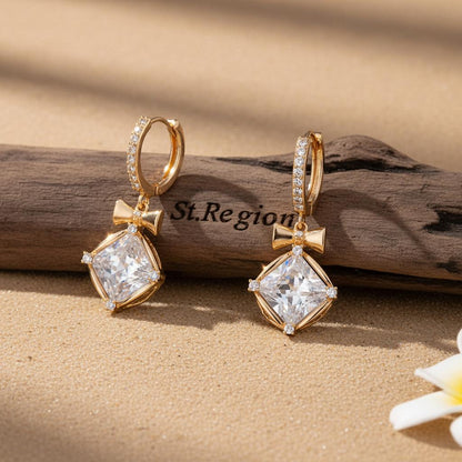 Crystal and Cubic Zirconia Goldtone Cushion-Cut Bow Huggie Earrings, gold drop earrings for women, front view