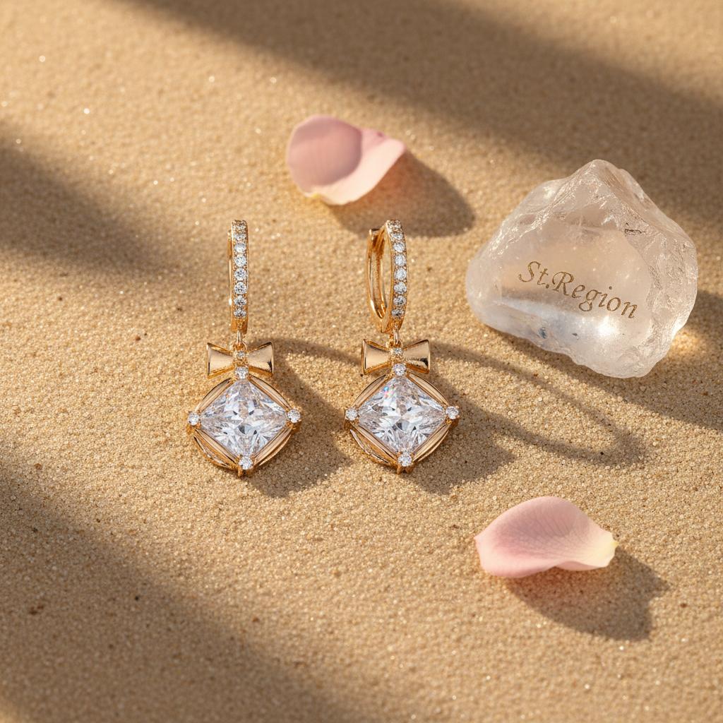 Crystal and Cubic Zirconia Goldtone Cushion-Cut Bow Huggie Earrings, gold drop earrings for women, detail close-up
