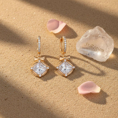 Crystal and Cubic Zirconia Goldtone Cushion-Cut Bow Huggie Earrings, gold drop earrings for women, detail close-up