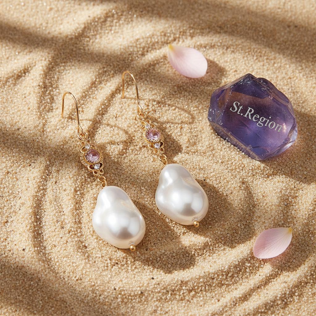 Pink Crystal and Baroque Pearl Goldtone Filigree Hook Earrings, gold drop earrings for women, detail close-up
