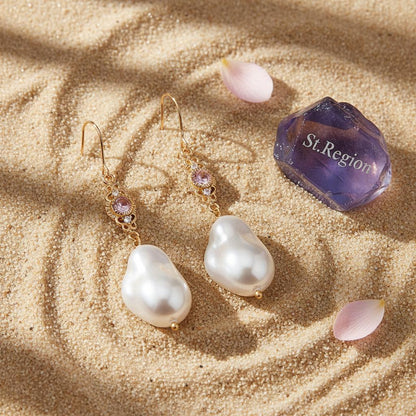Pink Crystal and Baroque Pearl Goldtone Filigree Hook Earrings, gold drop earrings for women, detail close-up