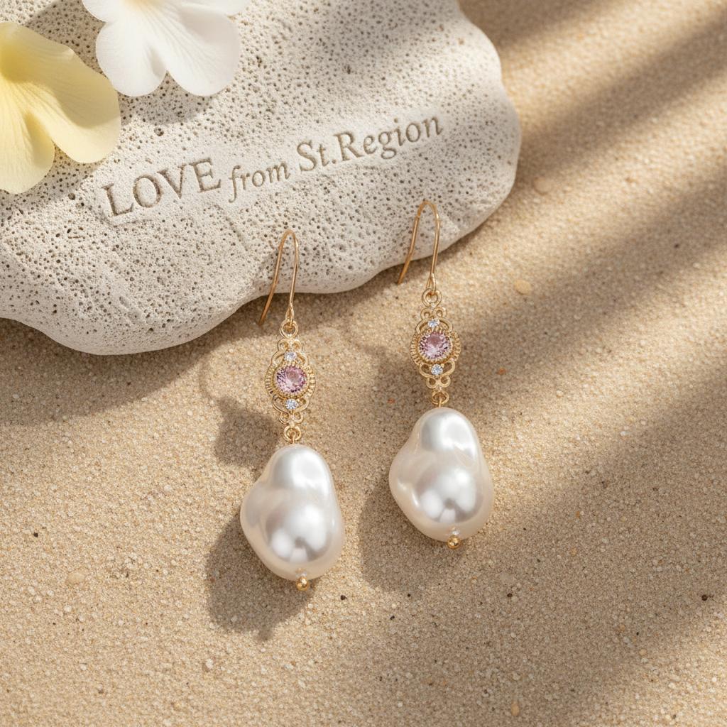 Pink Crystal and Baroque Pearl Goldtone Filigree Hook Earrings, gold drop earrings for women, lifestyle look