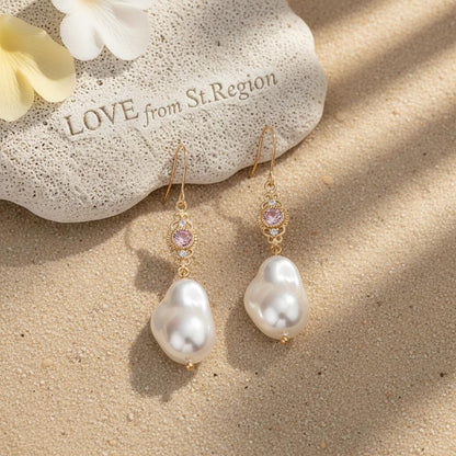 Pink Crystal and Baroque Pearl Goldtone Filigree Hook Earrings, gold drop earrings for women, lifestyle look