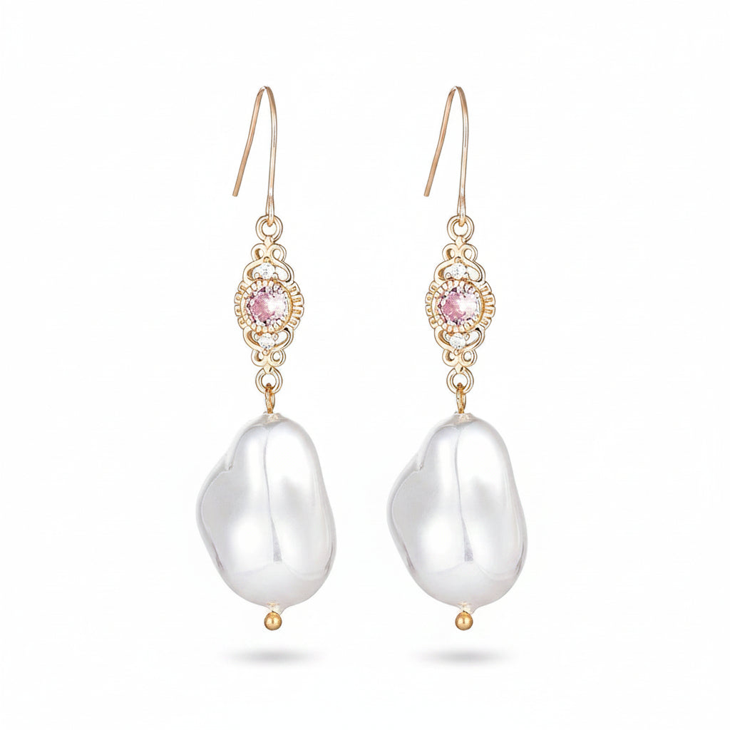 Pink Crystal & Baroque Pearl Goldtone Filigree Hook Earrings - Street Region