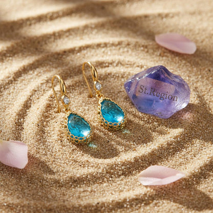 Blue Crystal and Cubic Zirconia Goldtone Teardrop Hook Earrings, gold drop earrings for women, detail close-up