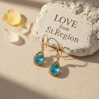 Blue Crystal and Cubic Zirconia Goldtone Teardrop Hook Earrings, gold drop earrings for women, everyday style, lifestyle look