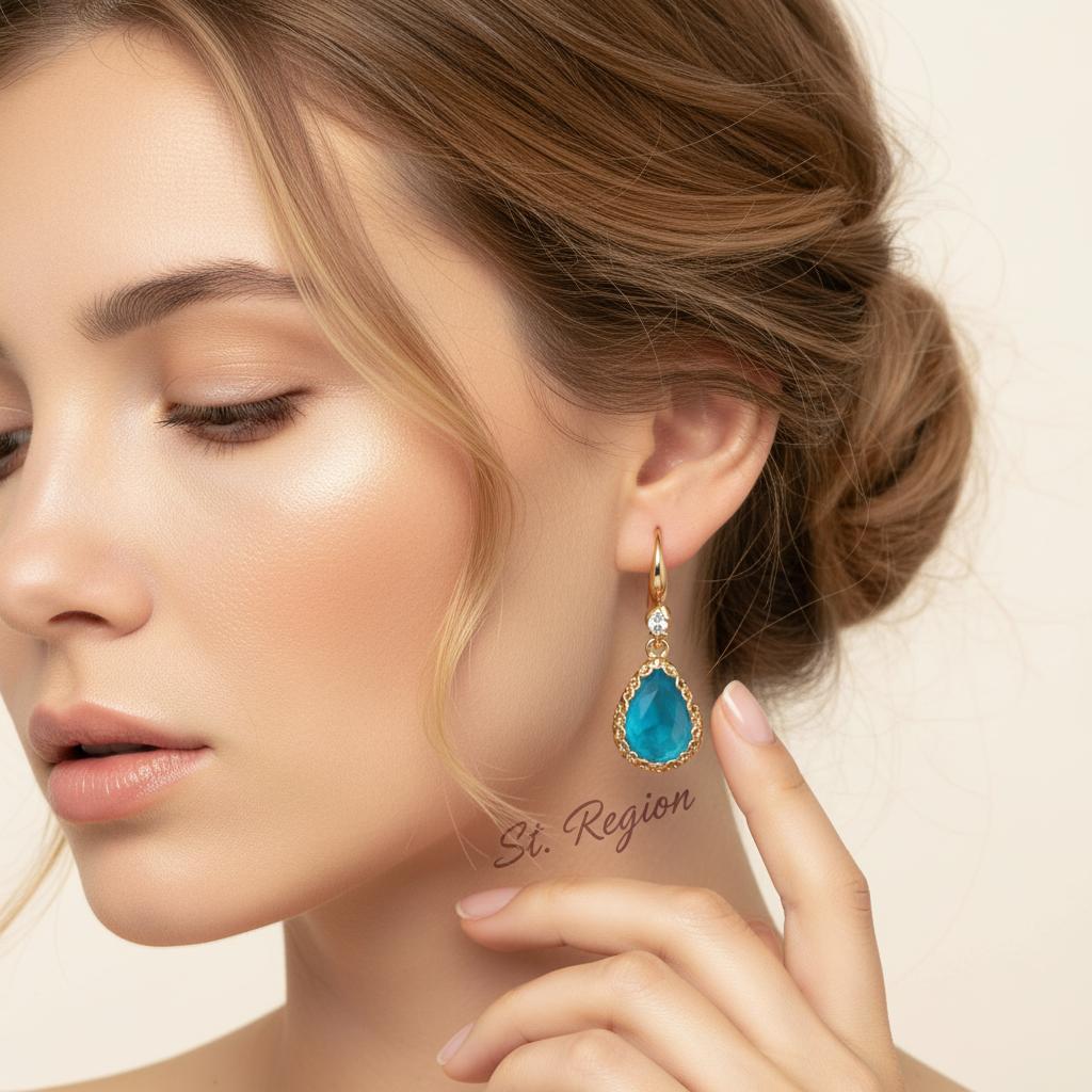 Blue Crystal and Cubic Zirconia Goldtone Teardrop Hook Earrings, gold drop earrings for women, everyday style, styled look
