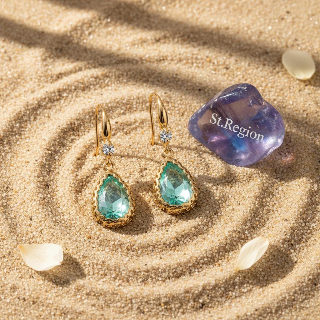 Green Crystal and Cubic Zirconia Goldtone Teardrop Hook Earrings, gold drop earrings for women, detail close-up