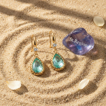 Green Crystal and Cubic Zirconia Goldtone Teardrop Hook Earrings, gold drop earrings for women, detail close-up